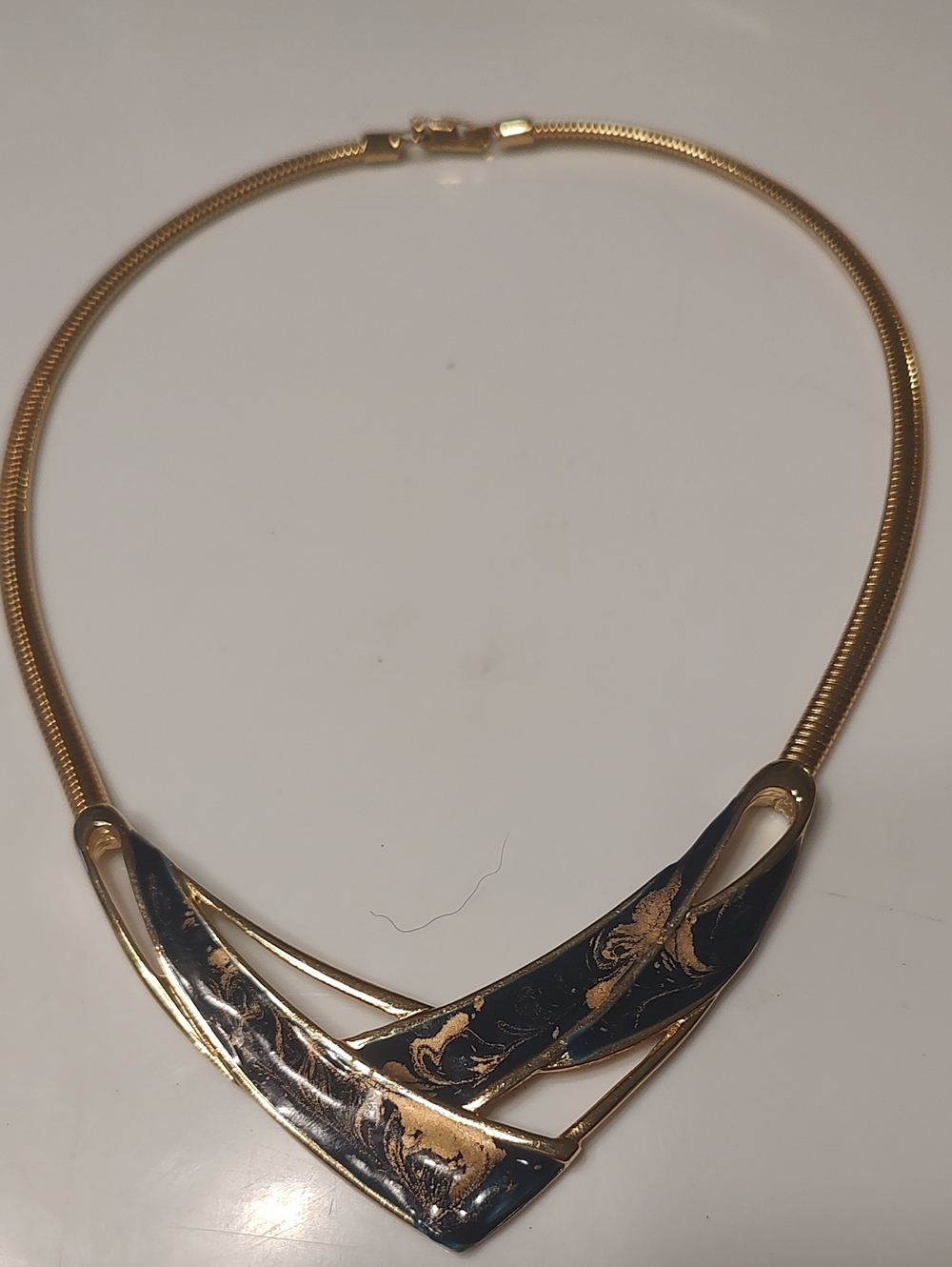 Vintage Gold tone Navy & Gold Marble Enamel Omega Style  Necklace